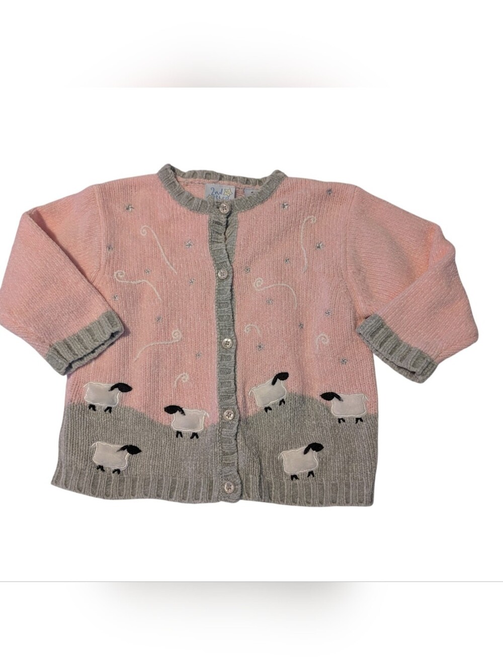 90s Y2K Vintage Pink Chenille‎ Embroidered Sheep Cardigan Sweater